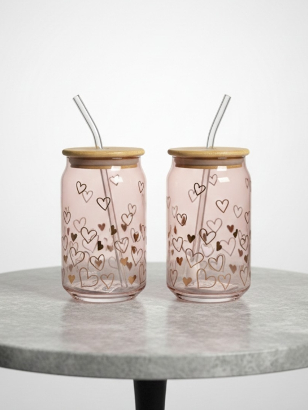 Pink Heart Glass Tumbler with Bamboo Lid & Straw - Set of 2